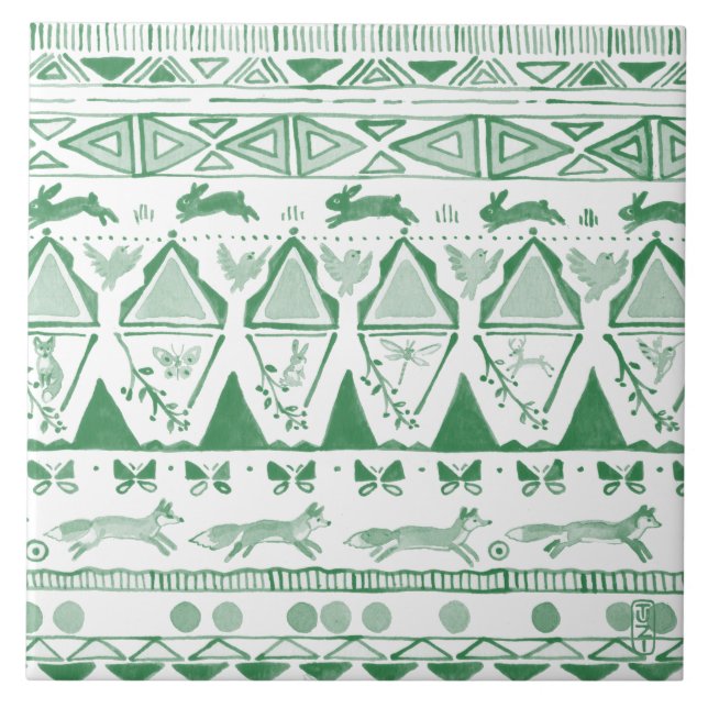 Azulejo Patrón animal de Ikat blanco verde esmeralda (Frente)