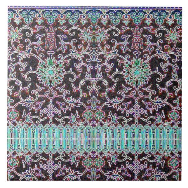 Azulejo Patrón antiguo oriental floral morado verde azulad (Frente)