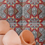 Azulejo Patrón árabe morisco étnico gris de Borgoña<br><div class="desc">Esta baldosa cerámica presenta un diseño simétrico, complejo y armonioso, caracterizado por una mezcla de formas geométricas y patrones intrincados. El embaldosado está adornado con motivos florales grises simétricamente colocados, lo que crea un elegante contraste con las formas geométricas rojas y beige. Las formas diamante y triángulo agregan un elemento...</div>