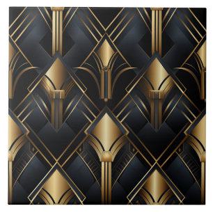 Azulejo Patrón Art Déco, efecto metálico, negro y dorado