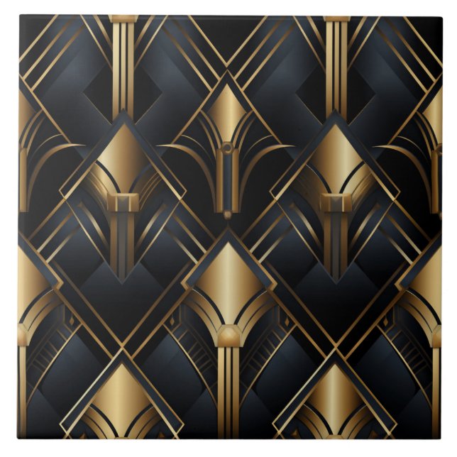 Azulejo Patrón Art Deco, efecto metálico, negro y oro (Frente)