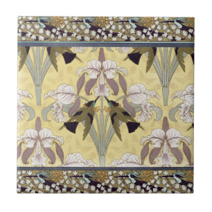 Azulejo Patrón Art Nouveau de Orquídea Colibrí Vintage