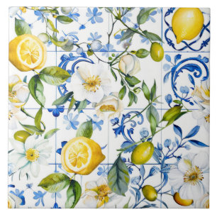 Azulejo Patrón azul de acuarela mediterránea y cítricos
