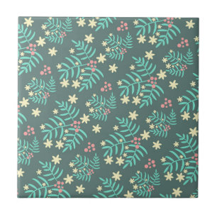 Azulejo Patrón azul de hojas botánicas y bayas de bonito