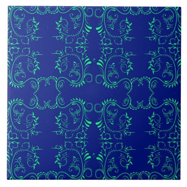 Azulejo Patrón azul de las cepas abstractas verdes (Frente)