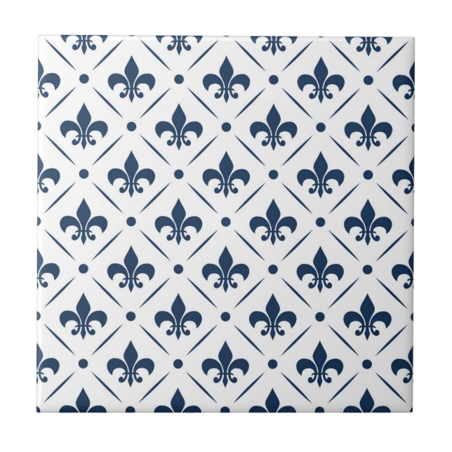 Azulejo Patrón azul oscuro Fleur De Lis sobre fondo blanco (Frente)