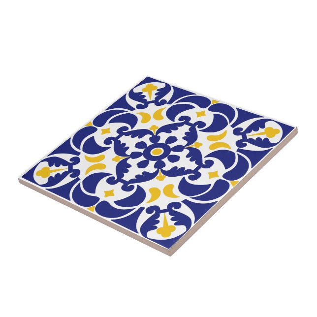 Azulejo Patrón azul y amarillo de mosaicos mediterráneos (Lado)