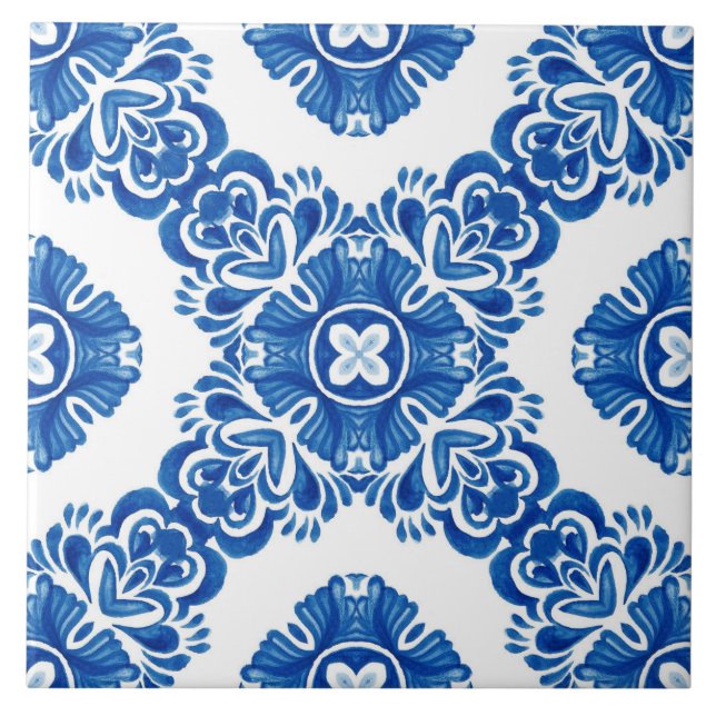 Azulejo Patrón azul y blanco decorativo mediterráneo (Frente)