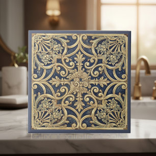 Azulejo Patrón Barroco Ornamentado Pat#2 Azul Oro ID1195