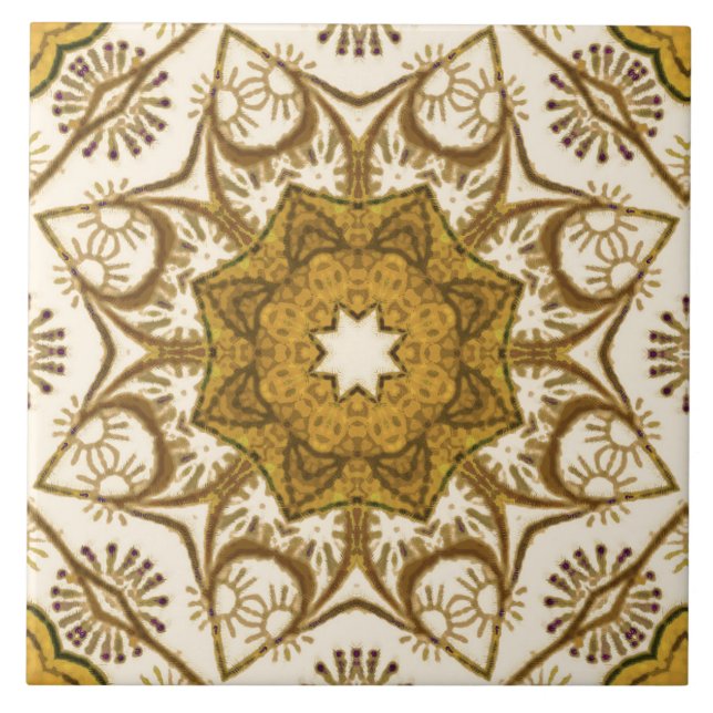 Azulejo Patrón Batik Mandala Mostaza Oro y Crema (Frente)