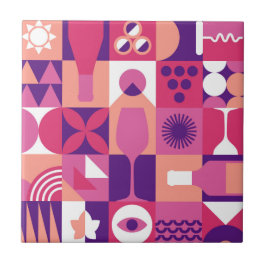 Azulejo Patrón Bauhaus de vino púrpura retro