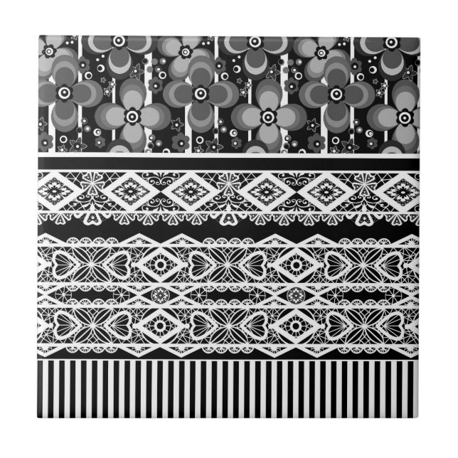 Azulejo Patrón blanco y negro con encaje y trazo (Frente)