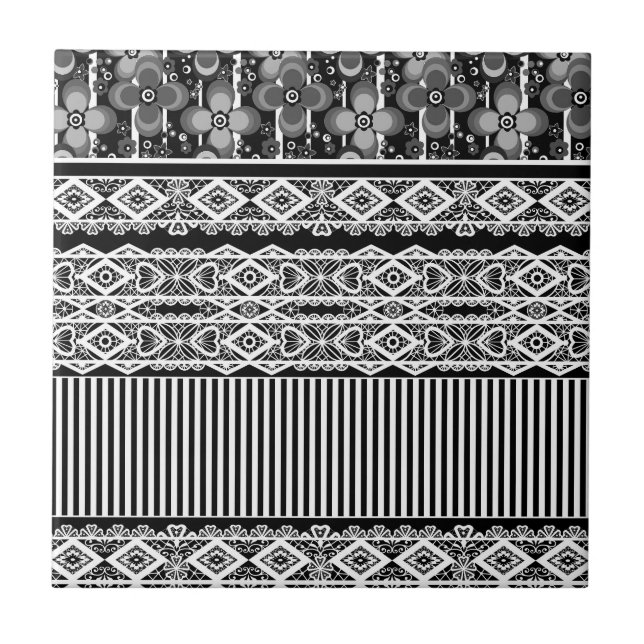 Azulejo Patrón blanco y negro con encaje y trazo (Frente)