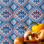 Azulejo Patrón bohemiano azul azul azul rojo y blanco<br><div class="desc">Diseño de baldosas decorativas vibrantes con un patrón impecable compuesto de formas geométricas en azul,  rojo y blanco.</div>