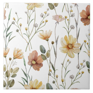 Azulejo Patrón Botánico Boho de Flor Silvestre con Acuarel