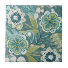 Azulejo Patrón Botánico Boho Floral Verde Azulado