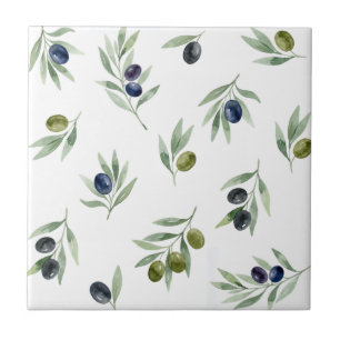 Azulejo Patrón Botánico Chic de Acuarela Verde Olivas