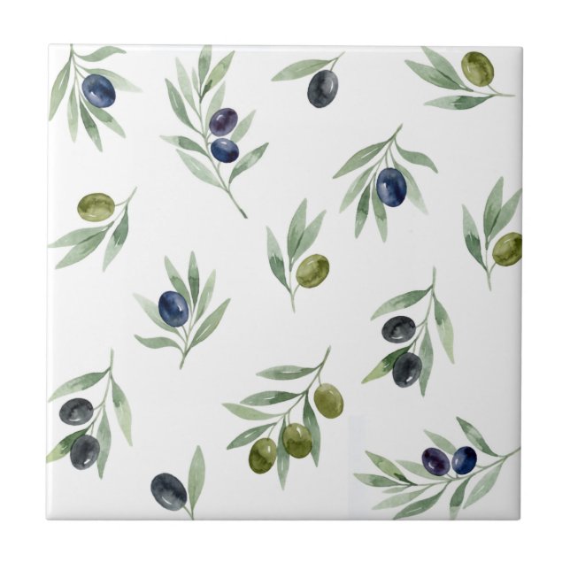 Azulejo Patrón Botánico Chic de Acuarela Verde Olivas (Frente)