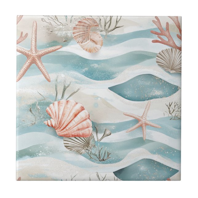 Azulejo Patrón Botánico Costero Aqua Coral (Frente)