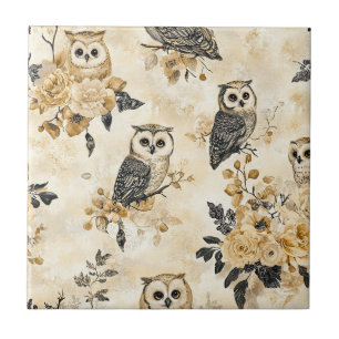 Azulejo Patrón Botánico de Bosque de Búhos Beige Vintage