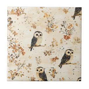 Azulejo Patrón Botánico de Bosque de Otoño Beige Búho