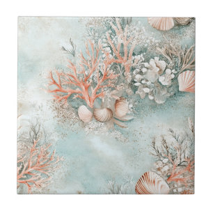 Azulejo Patrón Botánico de Concha de Océano Aqua Suave