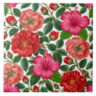 Azulejo Patrón Botánico de Hibisco y Rosa