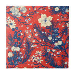 Azulejo Patrón Botánico de Invierno Índigo Rojo Carmesí