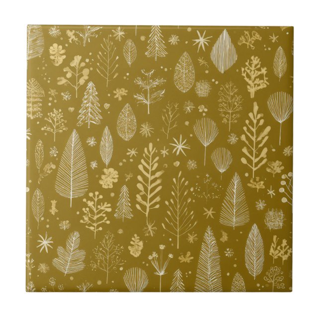 Azulejo Patrón Botánico de Navidad de Otoño Dorado (Frente)