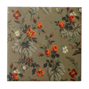 Azulejo Patrón Botánico de Rosa Naranja Floral Oscuro Vint