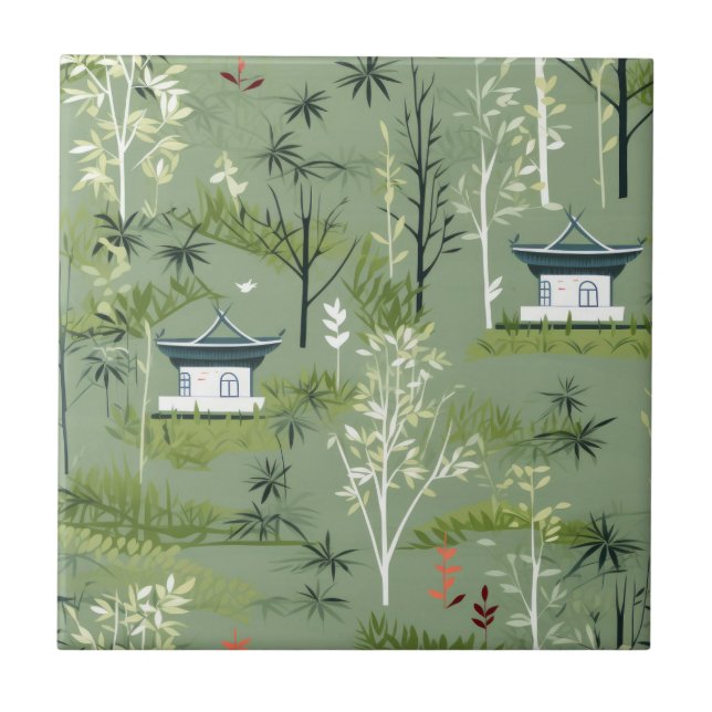 Azulejo Patrón botánico del bosque de bambú Zen (2) (Frente)