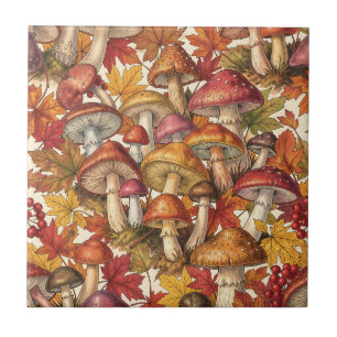 Azulejo Patrón Botánico del Bosque de Hongos Otoñales Vint