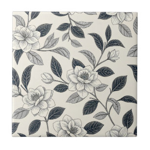 Azulejo Patrón Botánico Floral Azul Vintage (2)