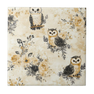Azulejo Patrón Botánico Floral de Búho Beige Neutro