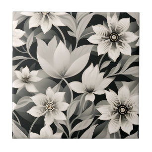 Azulejo Patrón Botánico Gris Y Negro