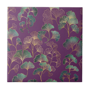 Azulejo Patrón Botánico Japonés Ginkgo Dorado Púrpura