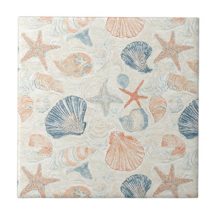 Azulejo Patrón Botánico Marino de Concha Azul Coral Meloco