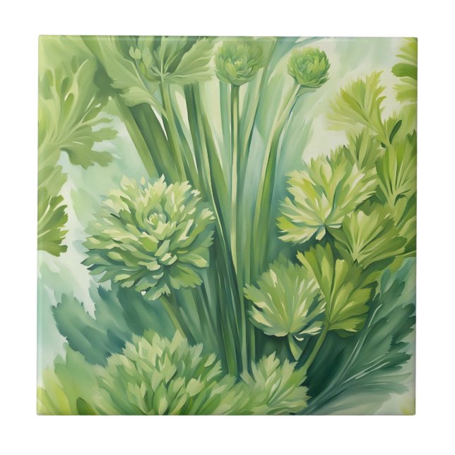 Azulejo Patrón botánico verde apio exuberante (Frente)