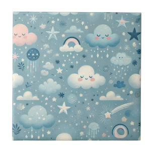 Azulejo Patrón caprichoso de cielo con nubes, estrellas -