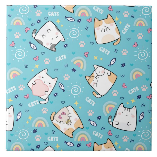 Azulejo Patrón caprichoso de gatos compactos (Frente)