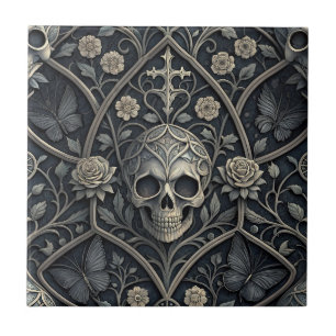 Azulejo Patrón celeste floral de cráneo gótico (2)