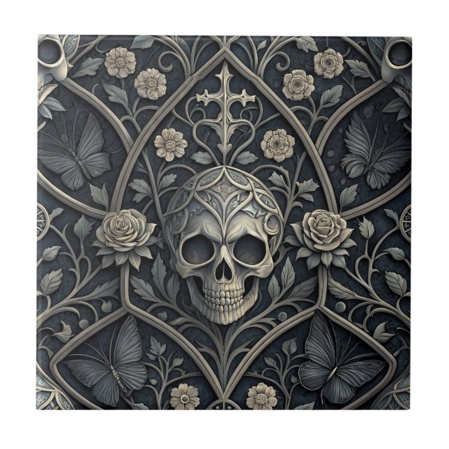 Azulejo Patrón celeste floral de cráneo gótico (2) (Frente)