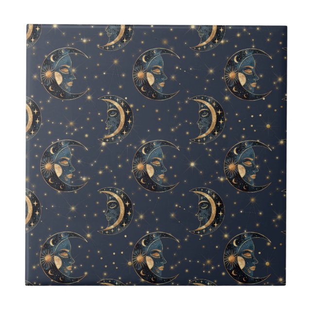 Azulejo Patrón Celestial de Luna de Oro de Lujo (Frente)