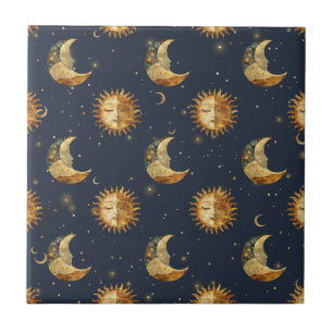 Azulejo Patrón Celestial de Sol y Luna Dorada Noche Estrel