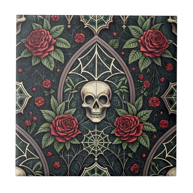 Azulejo Patrón Celestial Floral Calavera Gótica (3) (Frente)