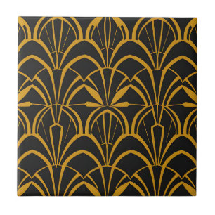 Azulejo Patrón clásico de abanico Art Deco negro dorado ru