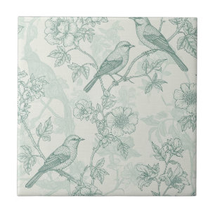 Azulejo Patrón clásico de jardín de pájaros con menta crem