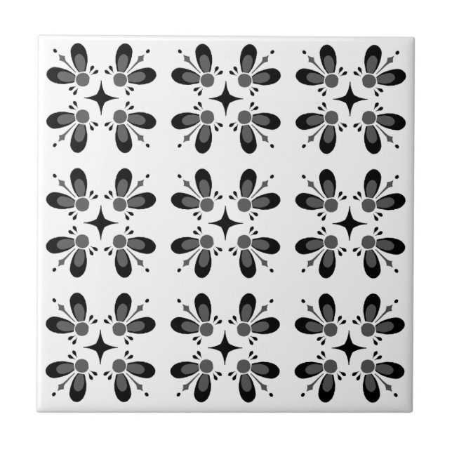Azulejo Patrón clásico moderno l Negro floral l Blanco (Frente)