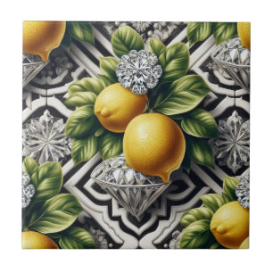 Azulejo Patrón continuo arte deco limones y diamantes B&W