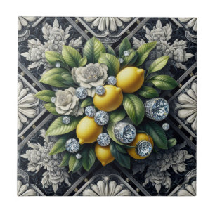 Azulejo Patrón continuo arte deco limones y diamantes B&W